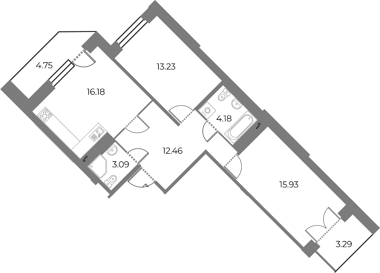2-комнатная квартира 69.08 м², 11/18 эт., ЖК «Огни Залива»